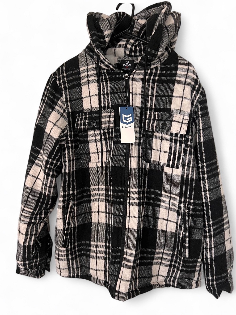 Unisex Black & Cream Plaid Hooded Zip Shirt Jacket